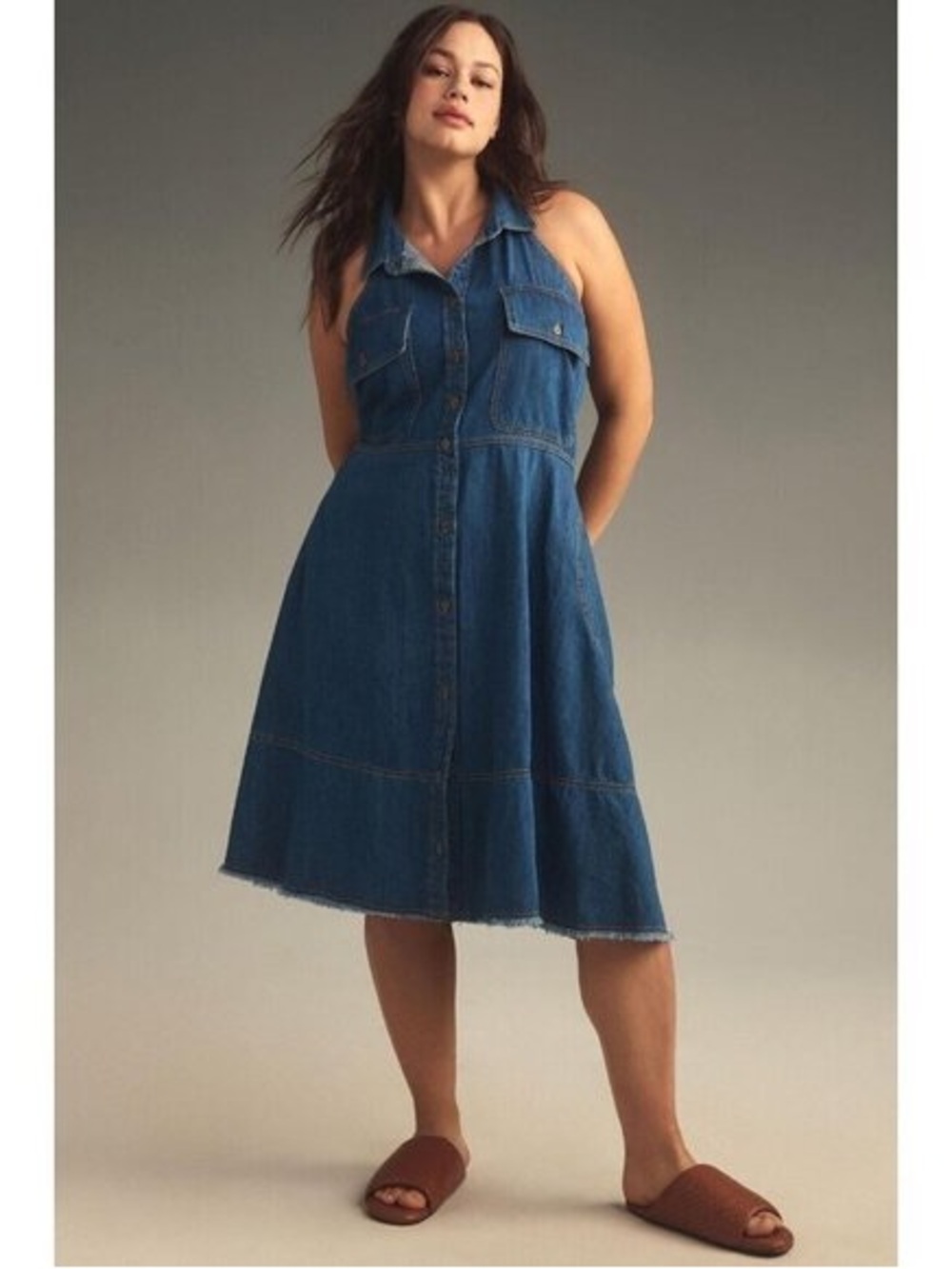 Pilcro Denim Shirt Dress LP Collar Flap Pockets Midi Raw Hem